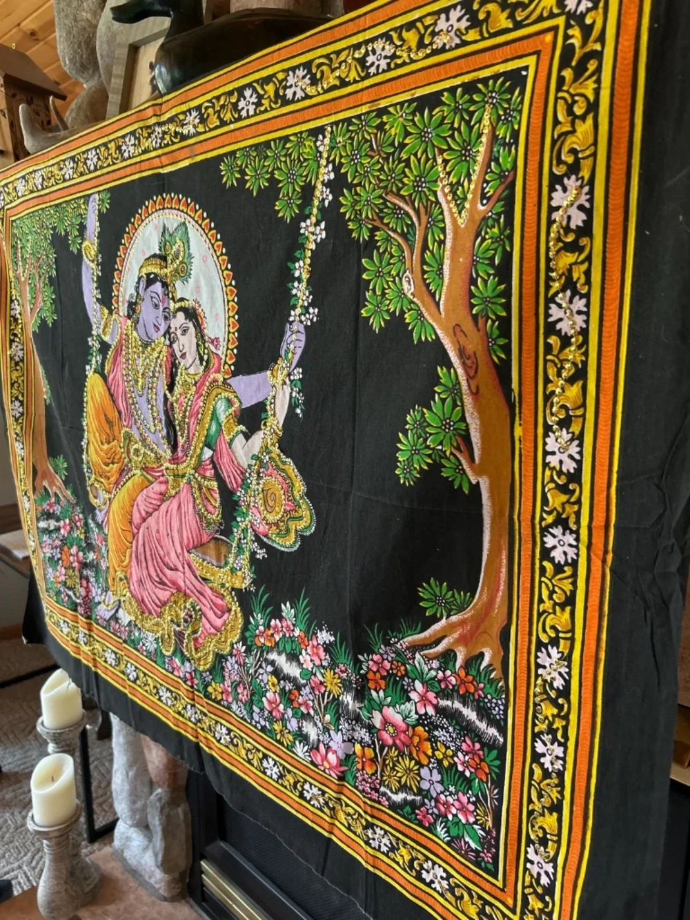 Pichwai Style Krishna Radha Sequin Tapestry | Sacred Hindu Folk Art Wall Decor